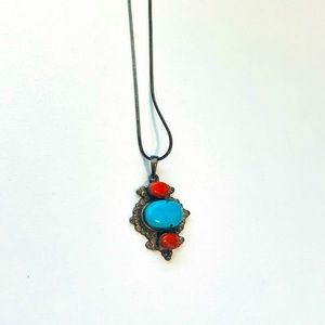 Tribal Blue & Red Turquoise Pendant Necklace